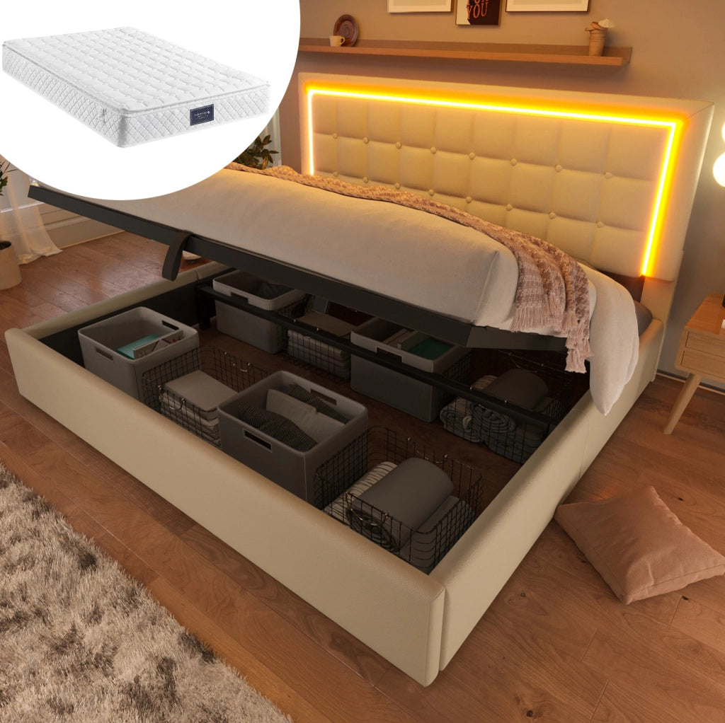 Letto matrimoniale 140x200 cm con LED; contenitore idraulico; PU bianco e materasso