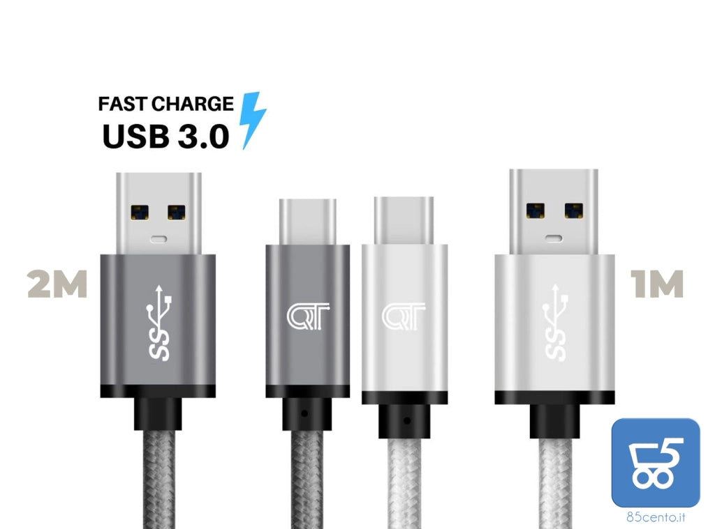 Cavi USB Tipo C a USB 3 Ricarica Rapida Data Sync in Nylon Intrecciato per Android (1 metro Bianco + 2 metri Grigio)