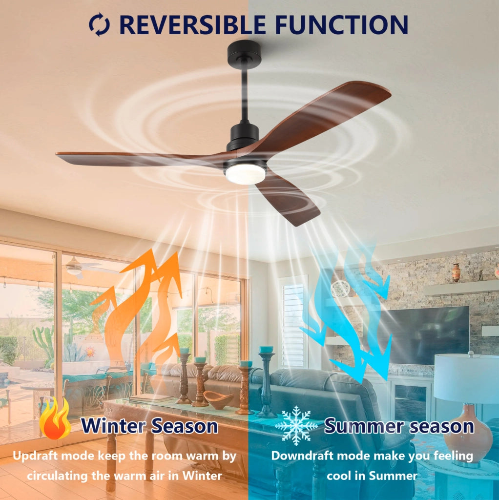Ventilatore da soffitto 60" in legno massello con LED, telecomando, noce e nero