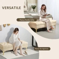 Panca Fondo Letto Imbottita con Rivestimento Trapuntato in Tessuto Effetto Velluto, 118x45x42 cm, Beige