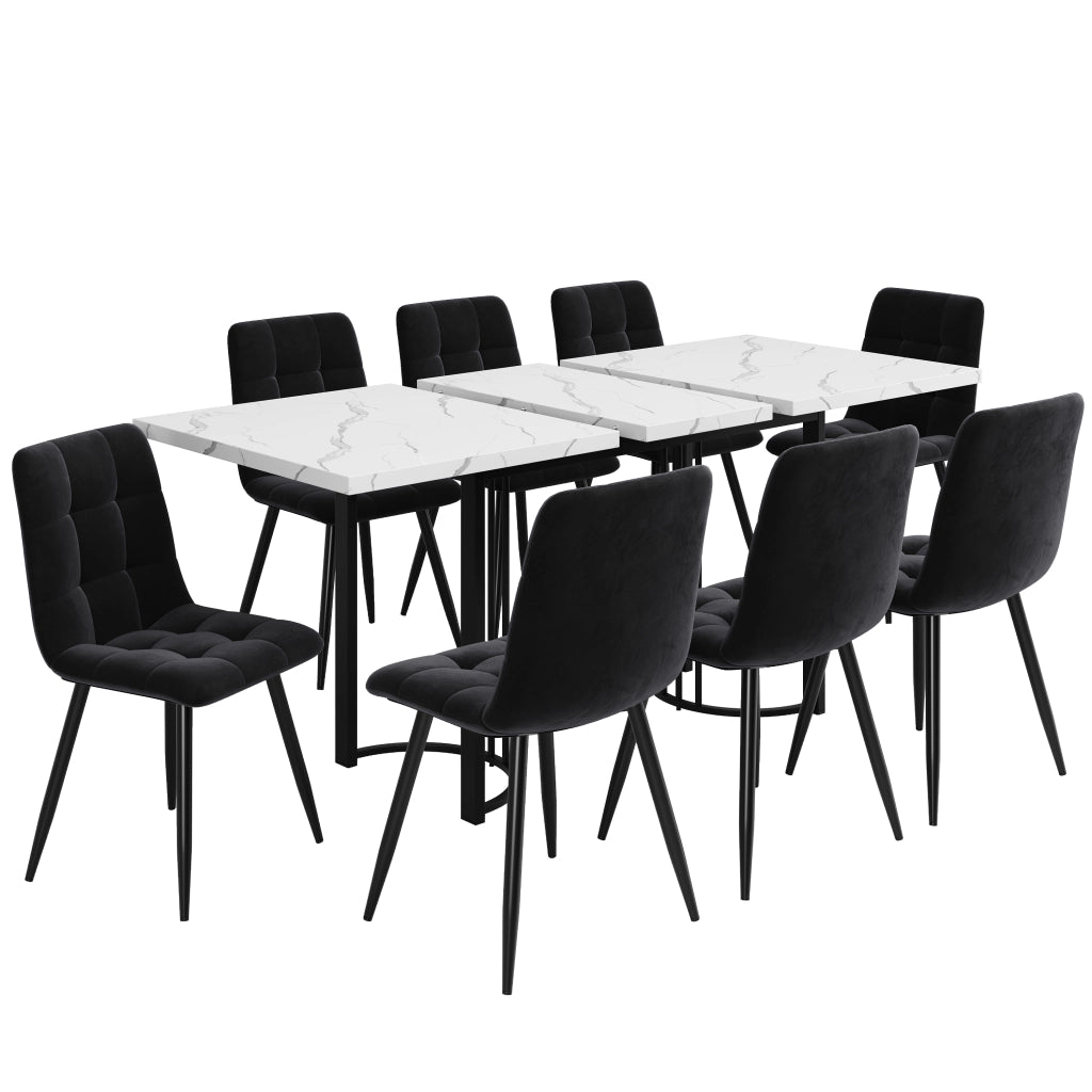 Tavolo da pranzo allungabile per 8 persone con 8 sedie in MDF metallo e velluto nero e bianco per cucina e soggiorno