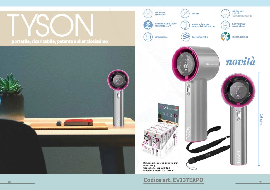 CFG EV137 Ventilatore Portatile Ricaricabile TYSON 100 Velocità Display LED Batteria 4000mAh USB-C Mini Ventola Silenziosa con Laccio Tracolla Compatto per Ufficio Viaggio Casa