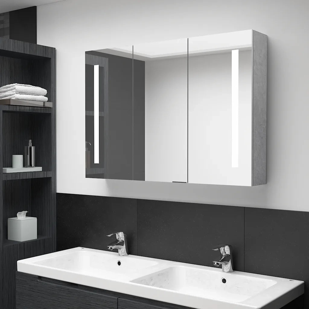 Armadietto Bagno | Armadio da bagno con Specchio e LED Grigio Cemento 89x14x62 cm