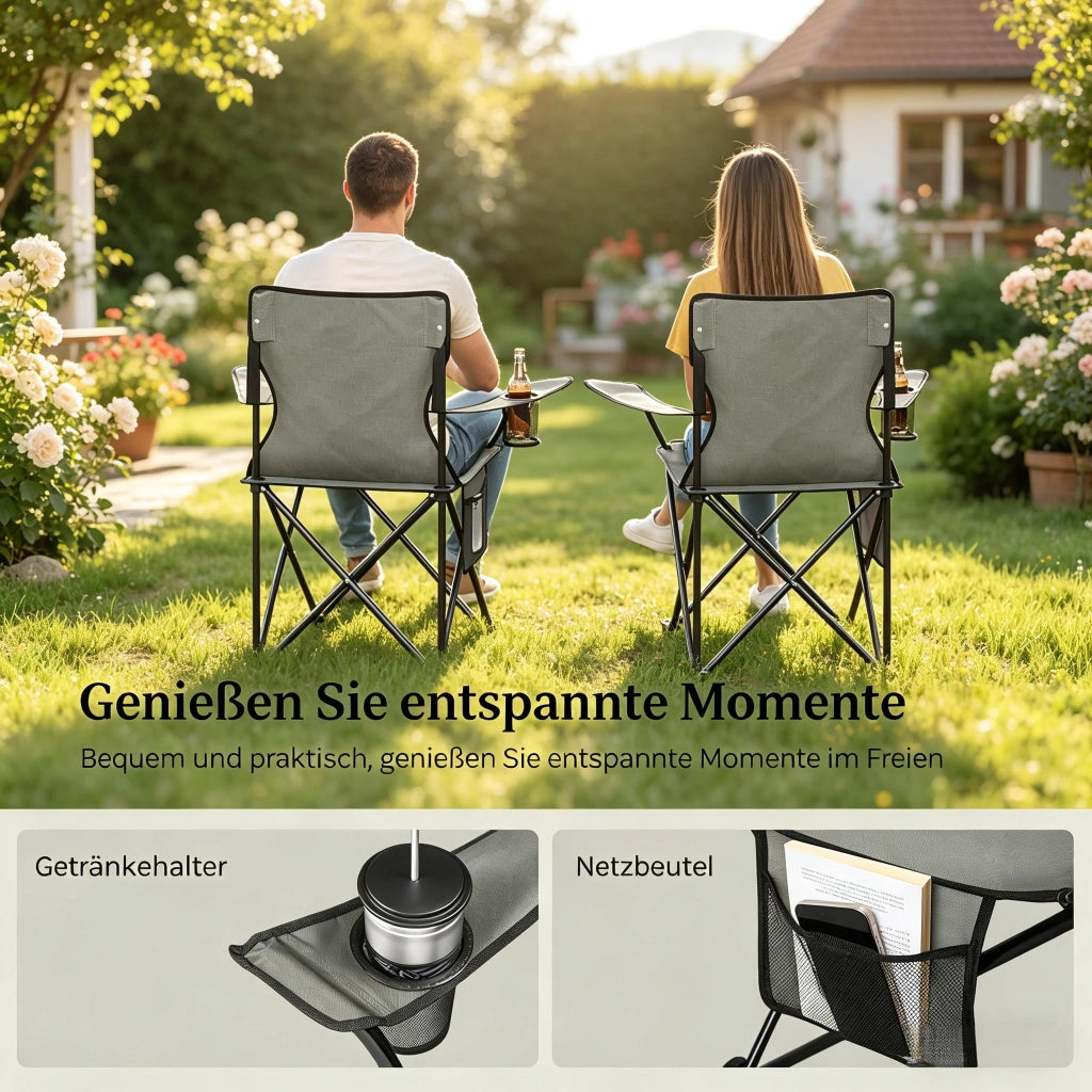 SEDIA da campeggio pieghevole set da 2 pezzi con portabicchieri 47x76x80,5 cm grigio scuro