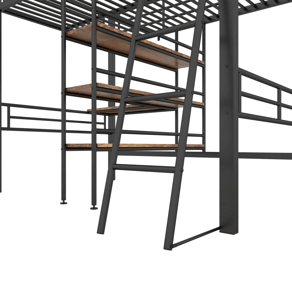 DESMIU Letto a soppalco 1 posto con scrivania, scaffali e scala 90 × 200 cm, senza materasso, in metallo, nero