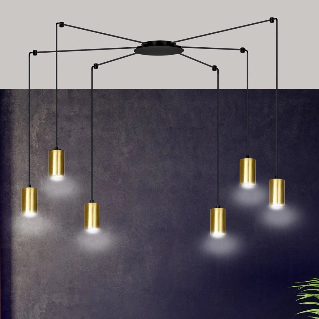 Lampada a sospensione Traker in acciaio nero opaco e oro