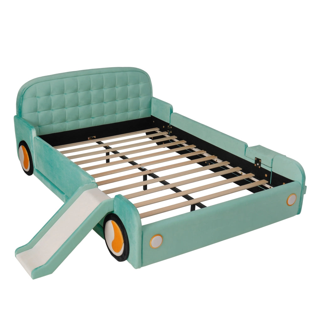 Letto per bambini 140x200 cm a forma di auto con scivolo e scala in velluto blu-verde