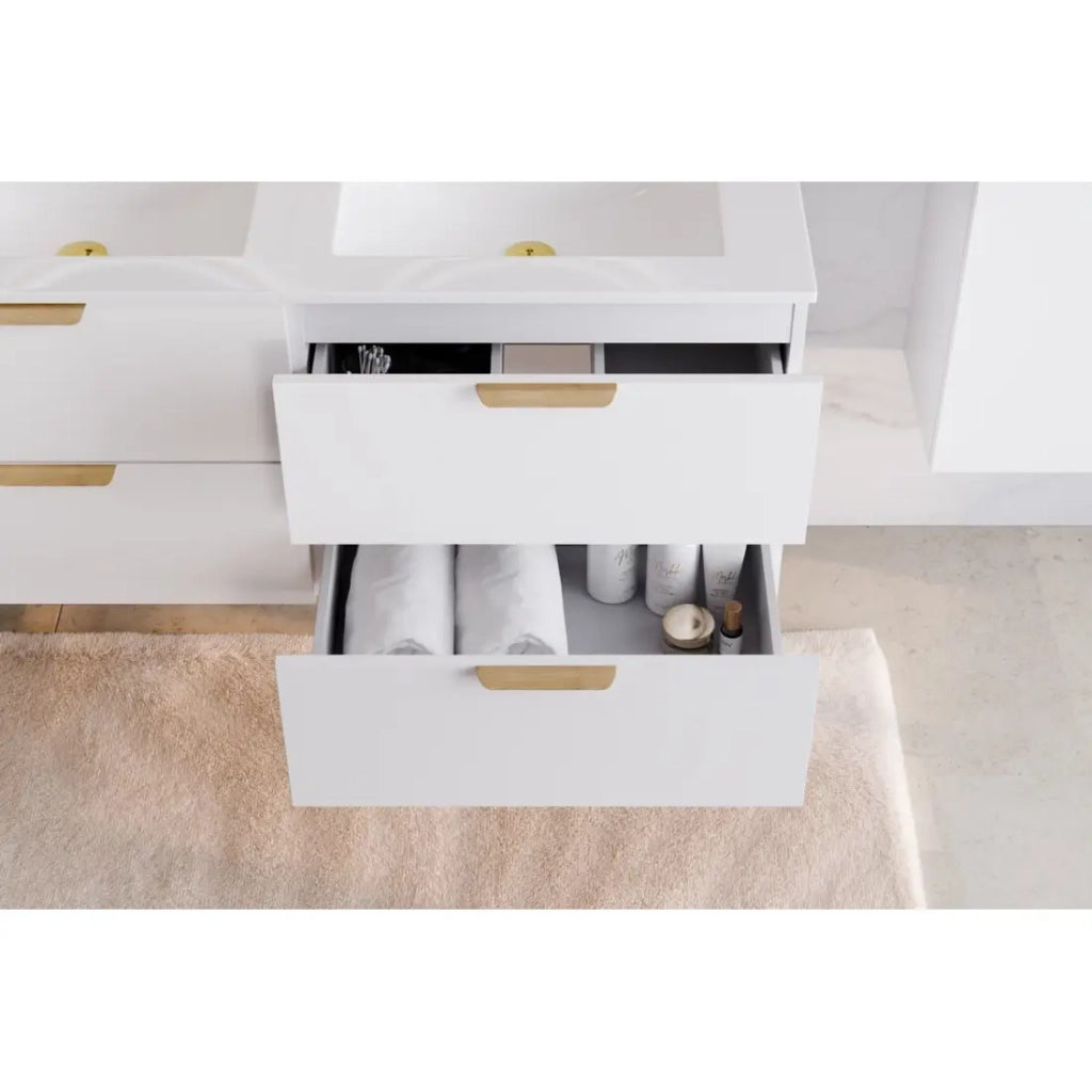 Set da bagno sospeso OSTER 120cm: mobile sotto lavabo con cassetti bianco + doppio lavabo incassato