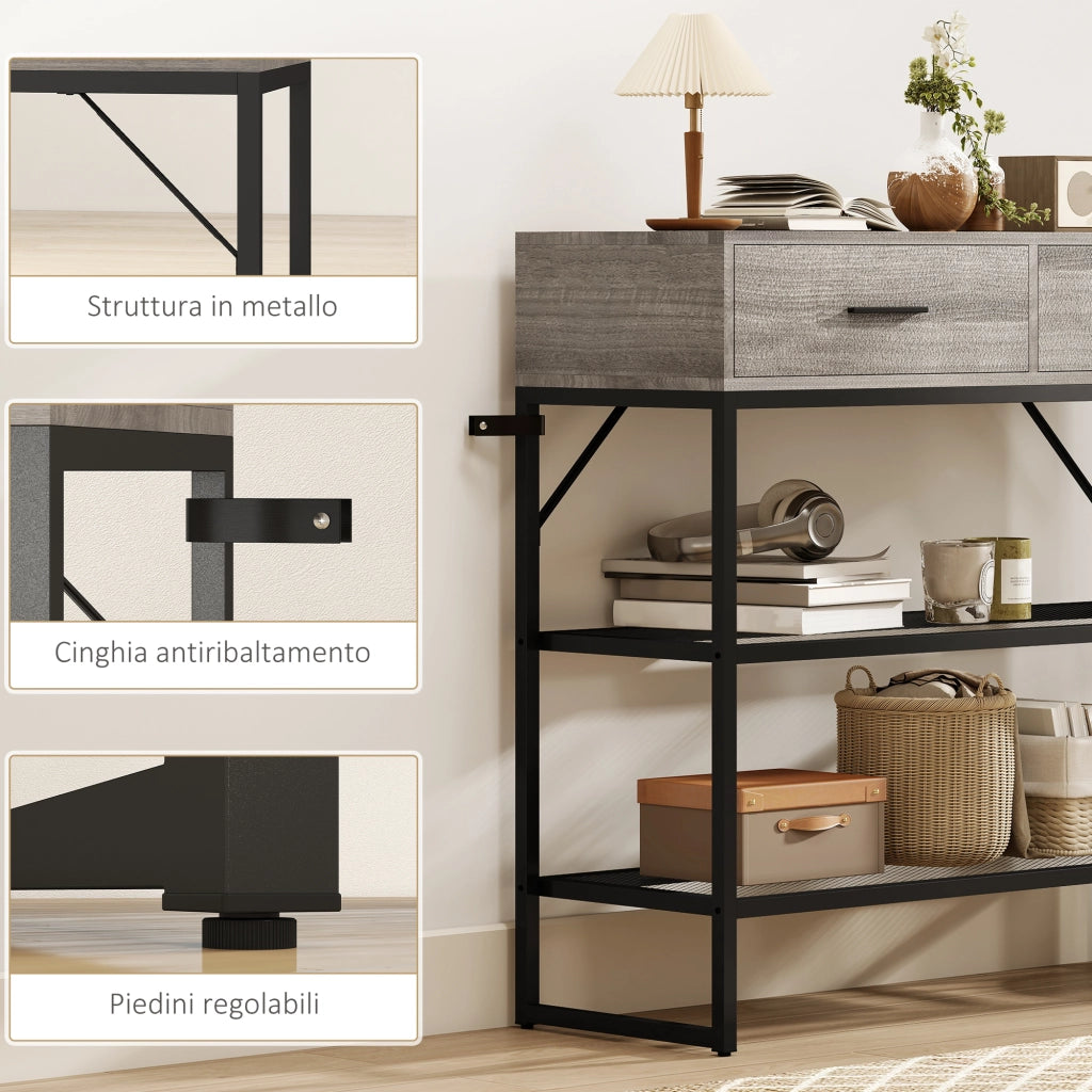 Consolle da Ingresso 100x35x92 cm con 2 Cassetti 2 Ripiani e Gancio Laterale in Legno e Metallo Nero e Legno