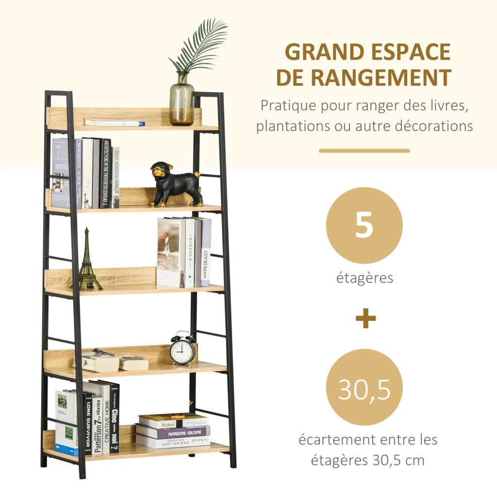 Libreria Industriale Inclinata 5 Livelli ¨C zephmum ¨C Rovere Chiaro Nero 70x35x150 cm