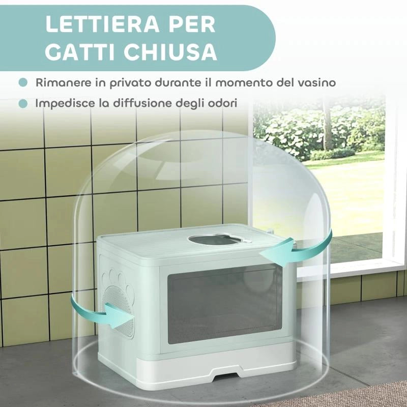 LETTIERA PER GATTI CHIUSA CON COPERCHIO E DOPPIA ENTRATA, CASSETTO ESTRAIBILE, PALETTA E SPAZZOLA, VERDE