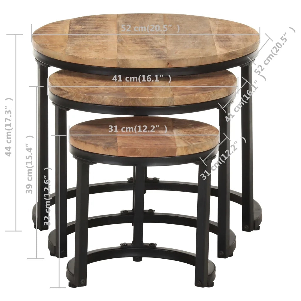 Tavolini Laterali 3 pz in Legno di Mango Grezzo