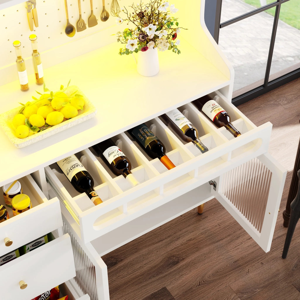 Credenza Alta da Cucina con Ante Scorrevoli in Vetro; Cassetto; Ripiani Regolabili; LED; Portabicchieri; Bianco 145x39x171 cm