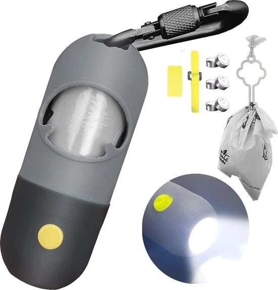 Dispensatore di sacchetti per escrementi canini con lampada LED e clip metallica - Incluso 15 sacchetti