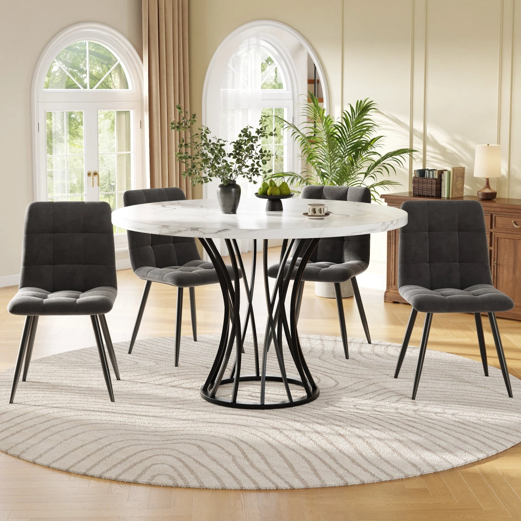 Tavolo da pranzo per 4 persone con 4 sedie, struttura in metallo, stile moderno, in MDF e velluto, multicolore