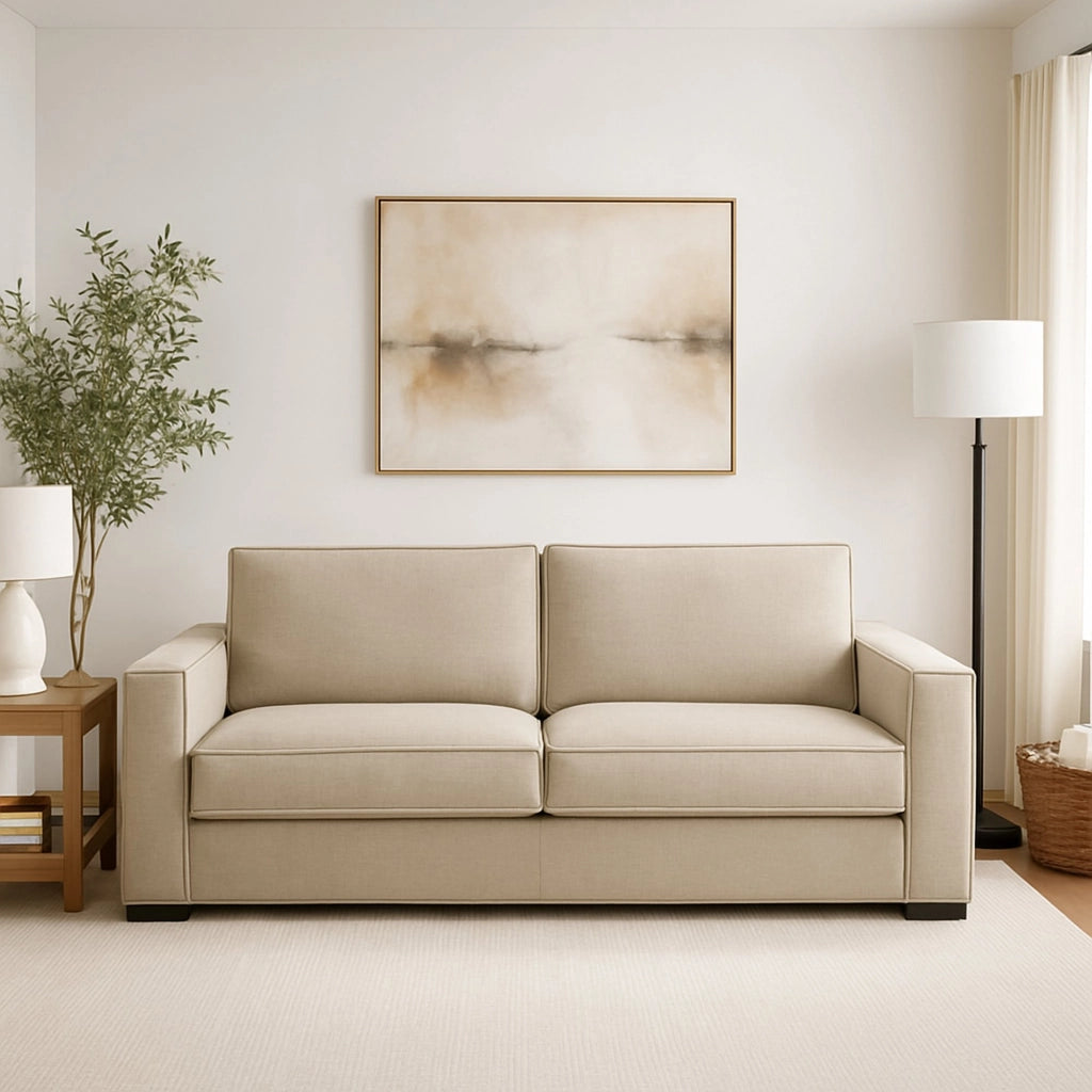 Divano fisso Aglientu, Divano a 2 posti, Made in Italy, SofÒ  Soggiorno in tessuto, con Braccioli slim, cm 160x95h90, Beige