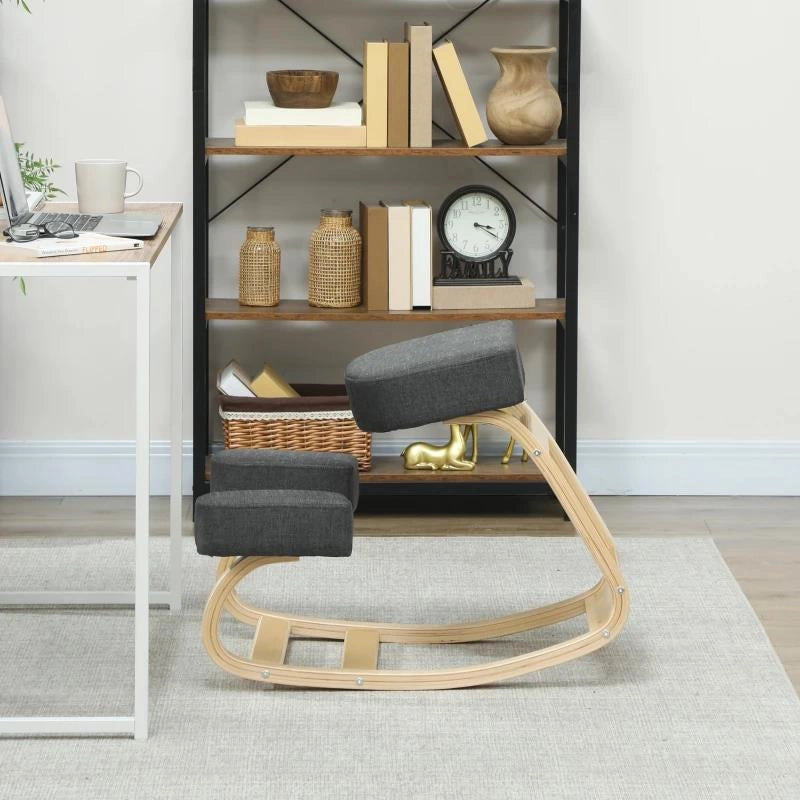 SEDIA ERGONOMICA CON INGINOCCHIATOIO IN LEGNO DI BETULLA E CUSCINO, 51X69X58 CM, GRIGIO
