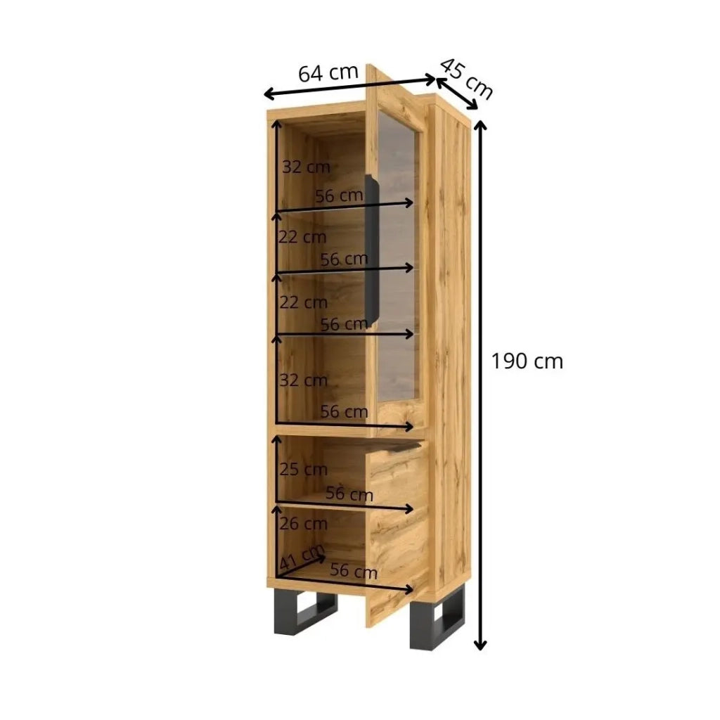 Vetrina color rovere collezione MILO. Finiture nere. Mobile ideale per la tua sala da pranzo.