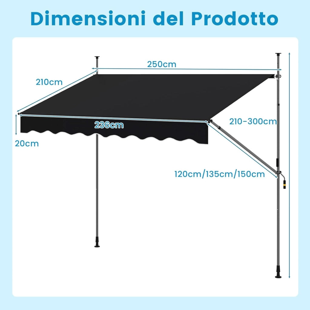 Tenda da Sole a Morsetto, Tenda per Balcone Senza Foratura Altezza e Inclinazione Regolabili con Manovella, Telo Impermeabile e Resistente ai Raggi Solari e Telaio Antiruggine (2,5M,Nero)