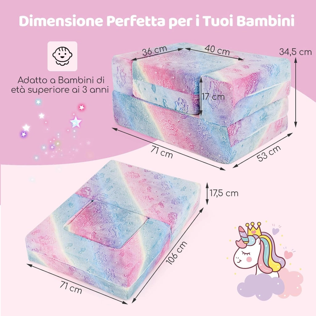 Divano Pieghevole per Bambini 5 in 1 Brilla al Buio, Poltrona Modulare con Cuscino, Fodera Lavabile in Lavatrice e Riempimento in Schiuma (Unicorno Arcobaleno)