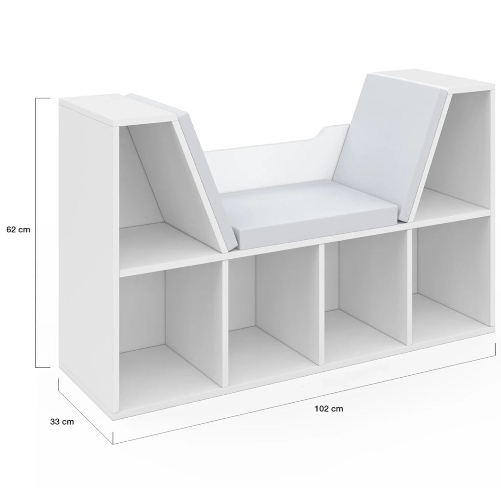 IDMarket - Libreria panca OSCAR 6 scomparti con cuscini grigi 102 cm bianco