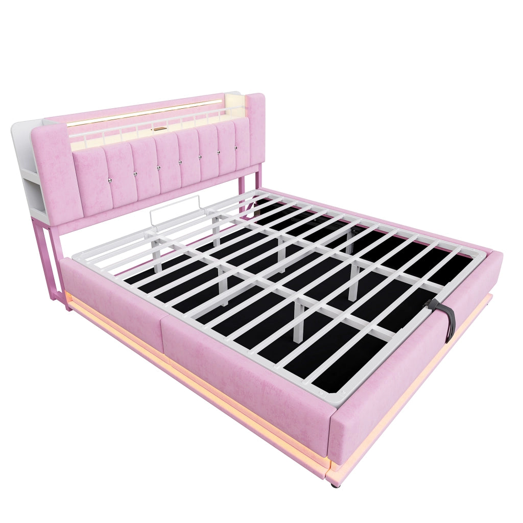 Letto Contenitore 180x200 cm; LED; USB e vano testiera - in Velluto Rosa