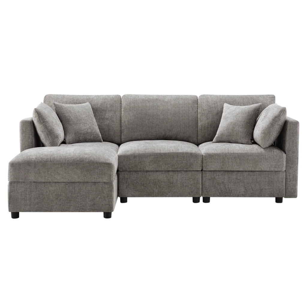 Divano angolare a L con pouf - Zephmum- Trasformabile in 3 posti, 4 cuscini, braccioli regolabili, tessuto chenille, grigio