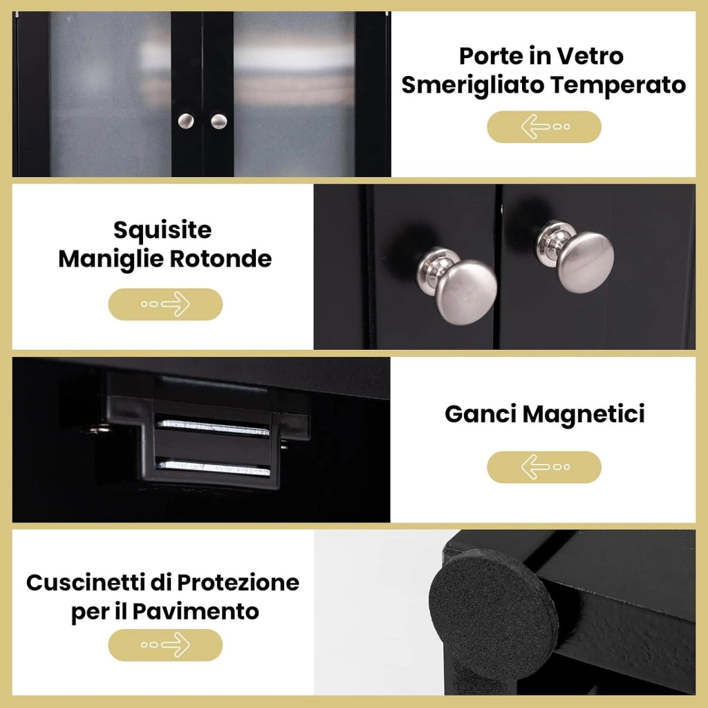 Armadietto Salvaspazio 60 x 30 x 164cm, Mobile Bagno con Scomparti Aperti, Ripiani Regolabili e 2 Porte in Vetro Temprato, Armadio da Bagno per Ufficio, Soggiorno e Camera da Letto (Nero)
