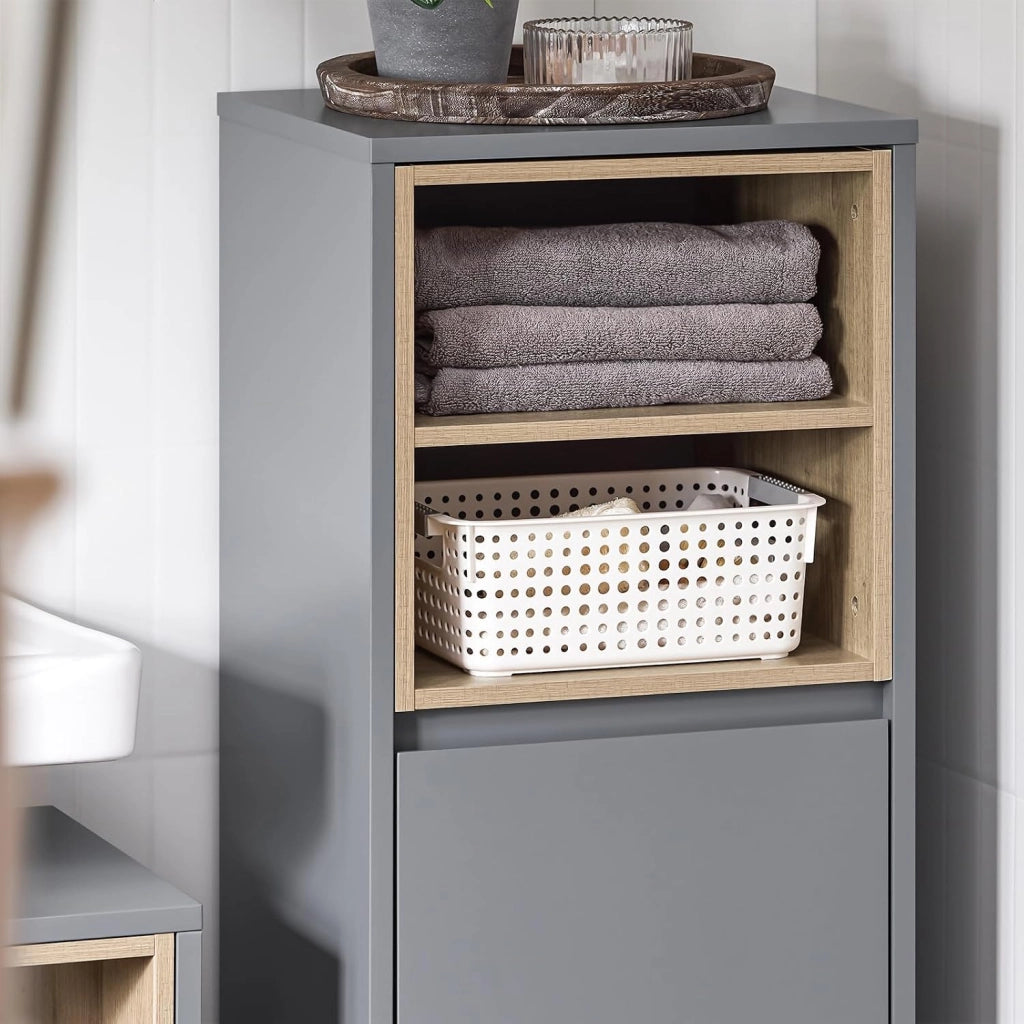 Mobile Bagno con Sacco Portabiancheria a Ribalta – Mobiletto Bagno Stretto con 2 Ripiani, Cesto Portabiancheria – Cesta per la Biancheria per Lavanderia, Grigio Scuro, 35x105x30cm BZR146-DG