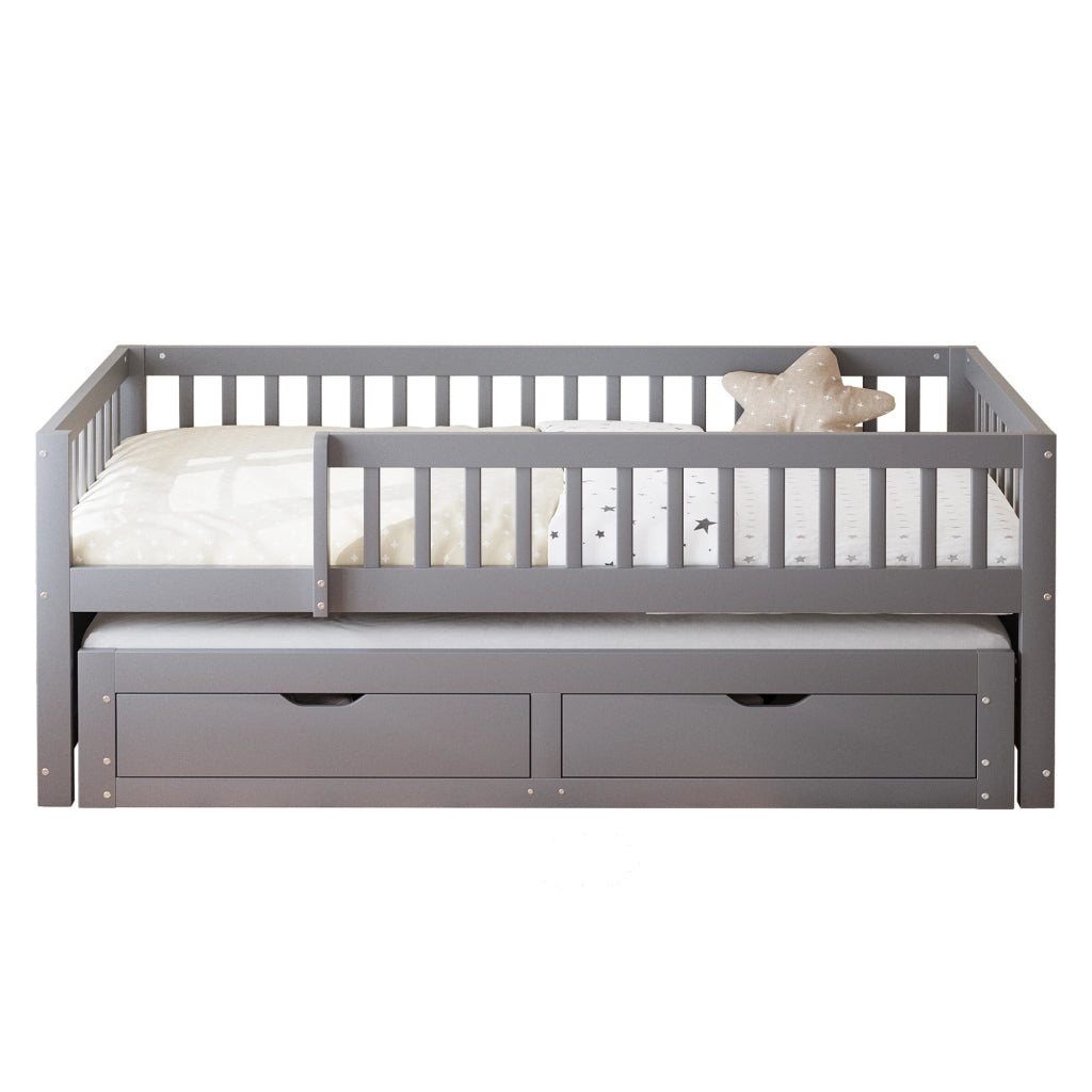 Letto estraibile singolo 90×200 cm con 2 cassetti; rete e barriera di sicurezza; senza materasso; legno; grigio