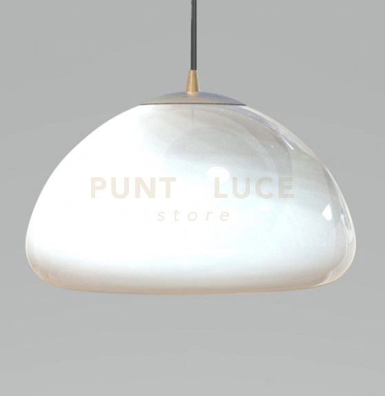 LUXOR-B Sospensione 1 luce in vetro bianco con particolare in ottone spazzolato e cavo nero in tessuto regolabile lungo 400cm Attacco E27 senza base