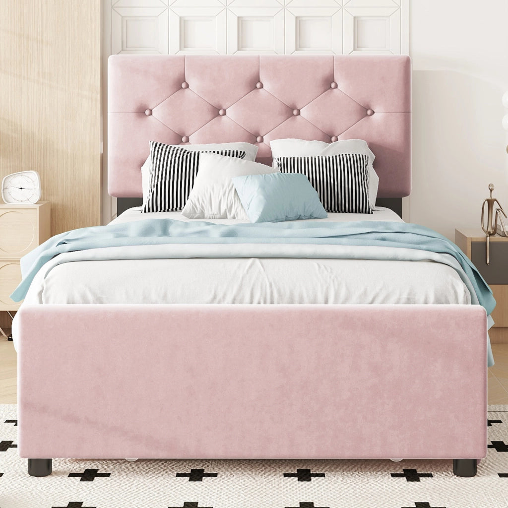 Letto Estraibile 2 Posti con Letto Scorrevole; 90 × 200 cm e 90 × 190 cm; senza Materasso; Velluto Rosa