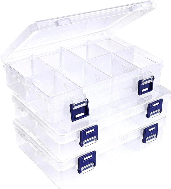 Organizzatore trasparente con contenitori regolabili per diverse categorie di oggetti
