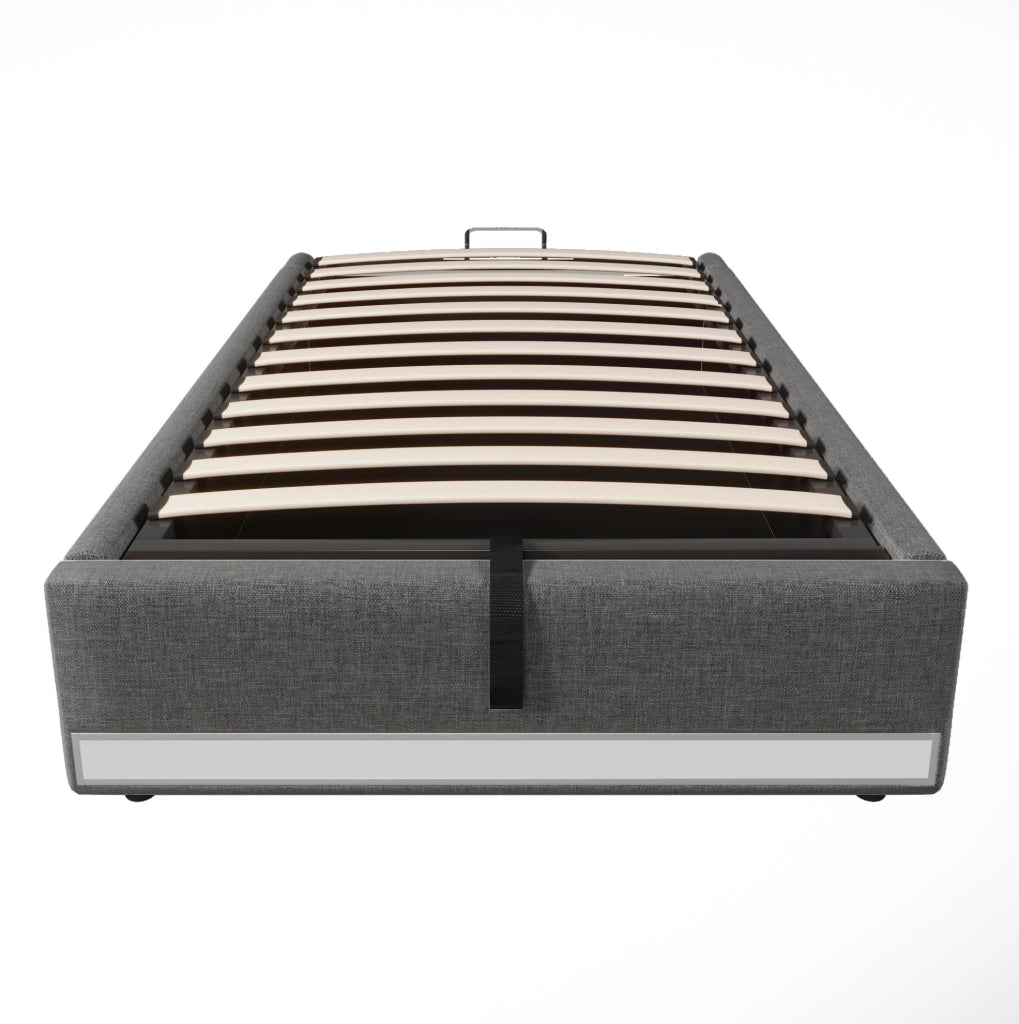 Letto imbottito 90x200 cm con USB; LED e contenitori laterali in lino grigio