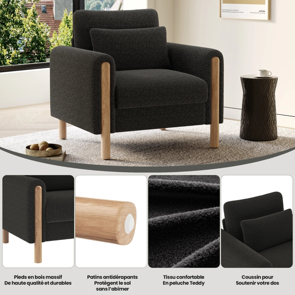 Poltrona lounge monoposto in teddy con cuscino spesso e struttura in legno massello, per soggiorno, grigio scuro