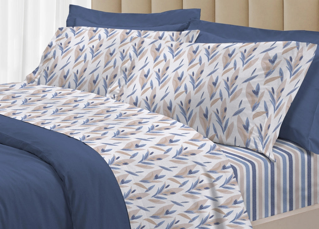 Completo Lenzuola Letto 100% Cotone Italy 3027 Disegno Tulipani - Piazza E Mezza - Blu