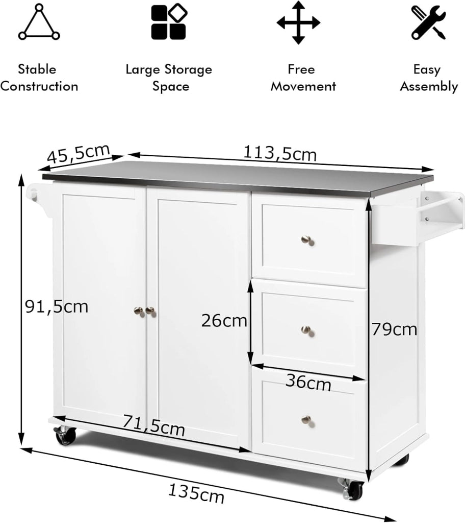 Isola da cucina mobile con piano di lavoro in acciaio inox, carrello da cucina con 3 cassetti e portasciugamani e ripiano regolabile, mobile da cucina su ruote, carrello da cucina 135 x 45,5