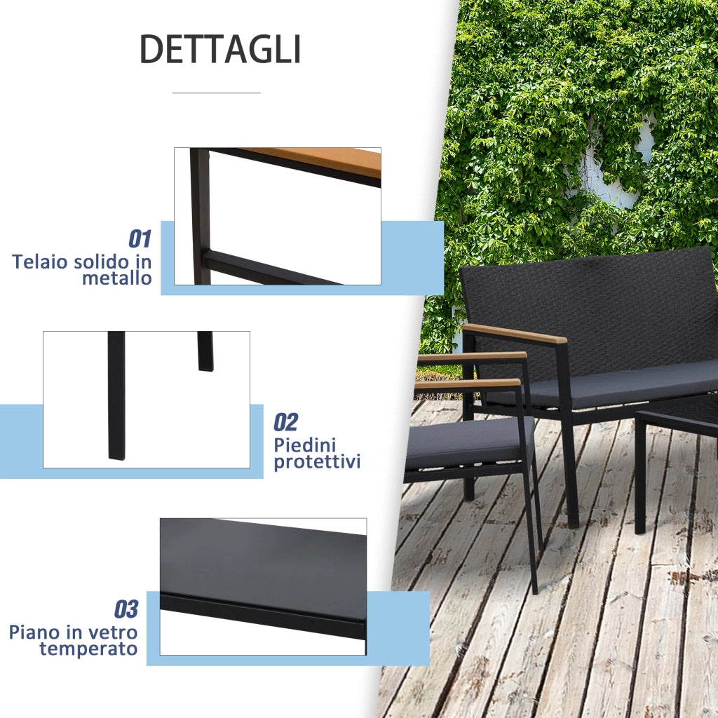 Set da Giardino Divano 2 Poltrone 1 Tavolino in Acciaio  WDC Nero