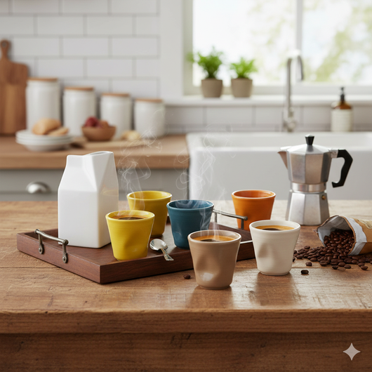 Set 6 Tazzine da caffè Accartocciati Multicolor con Lattiera Bianca in Gres Kaleidos