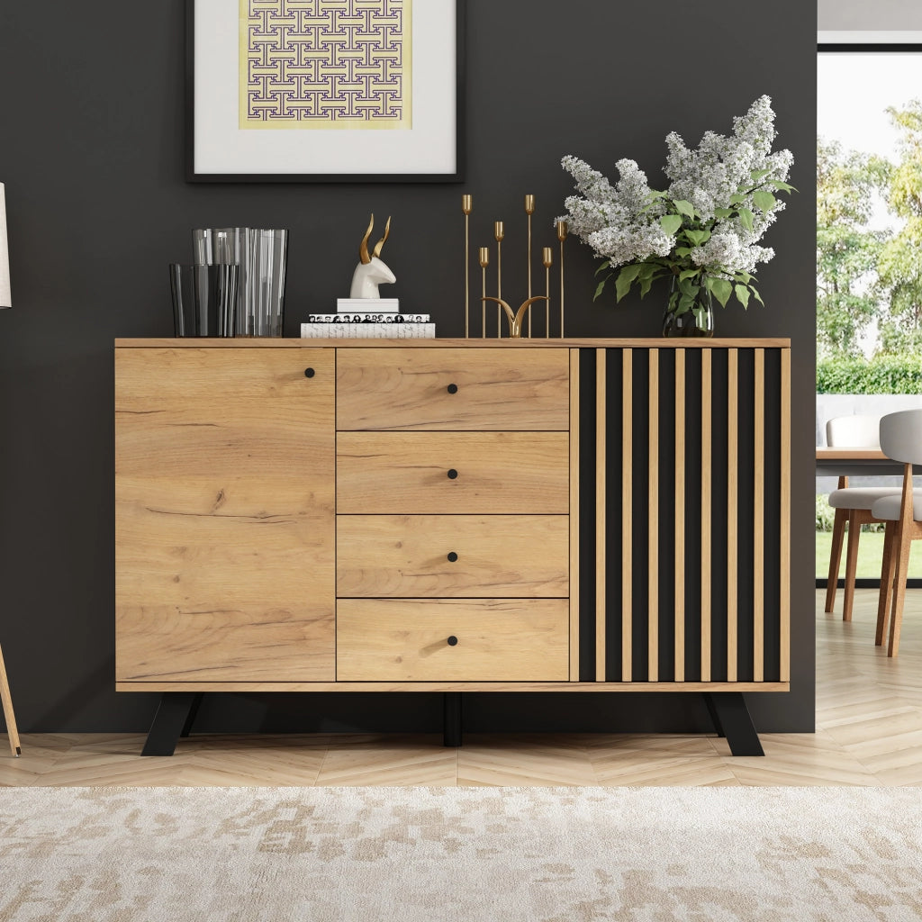 Credenza con 2 vani e 4 cassetti - per soggiorno - in MDF - 120×38×75 cm - nero e legno