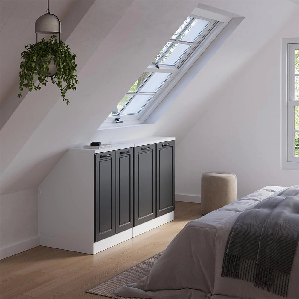 Set di mobili sottotetto Rion, Antracite casa di campagna, 140 cm Set di 2 carcasse armadio profondità 60 cm, adatto per il salvaspazio sotto tetti spioventi