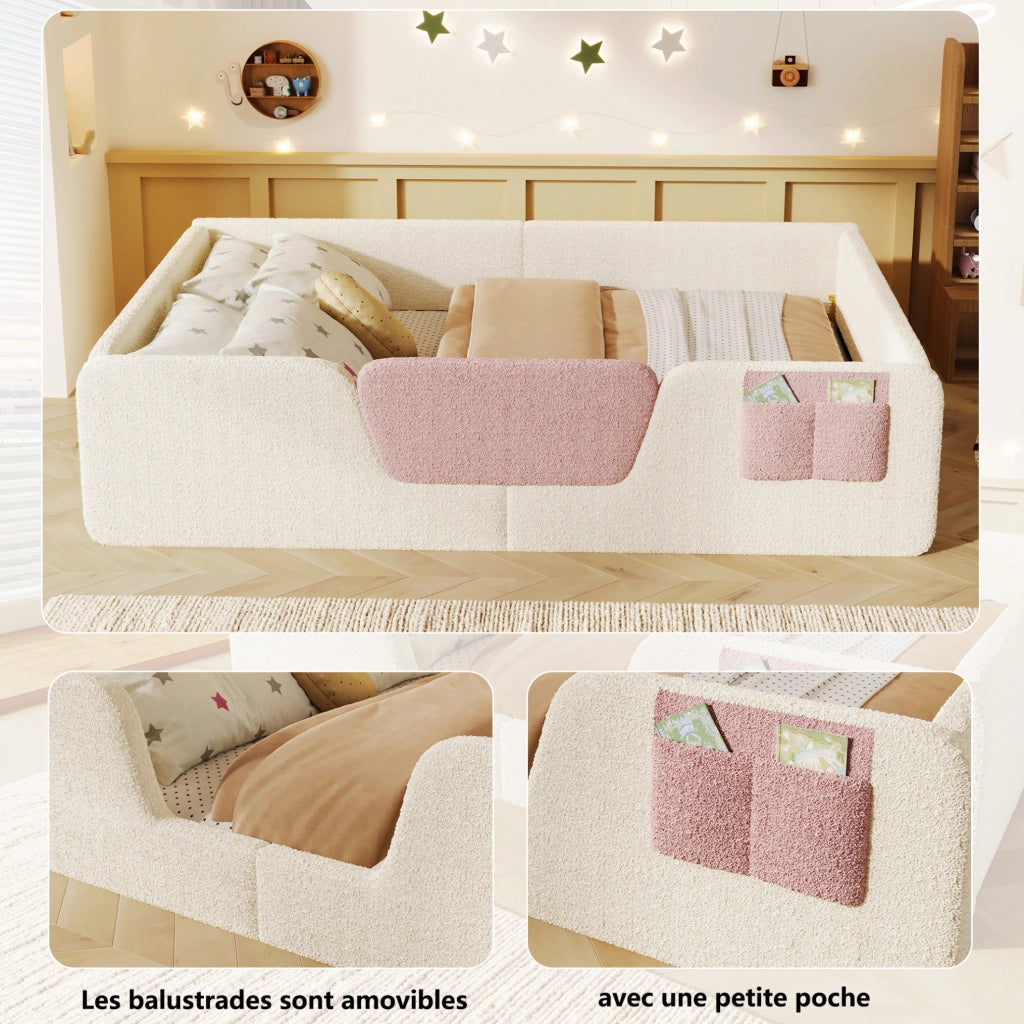 Letto imbottito per bambini 140 x 190 cm in velluto beige con sponde rimovibili