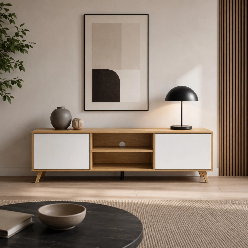 Mobile Porta TV Scandinavo Con 2 Ante Battenti Ripiani Centrali Aperti Gambe Moderne Per Televisori Fino A 75 Pollici Zona Living 180 X 39,6 X 49 Cm Bianco E Rovere
