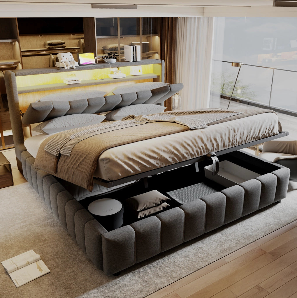 Letto imbottito 180 x 200 cm con contenitore idraulico, LED e porte USB