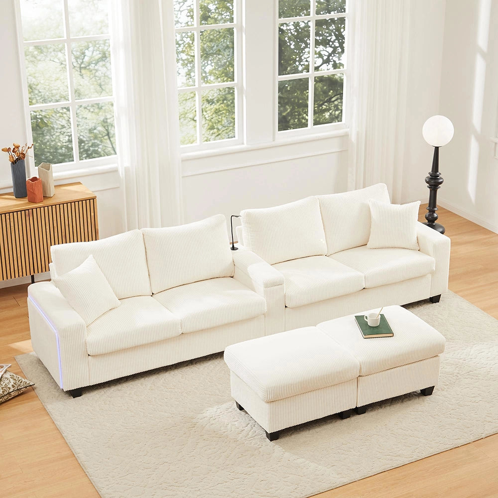 Divano a U in velluto costato - Xylo - 334x128,5x81 cm - Beige - 2 sgabelli, luce LED, porta-bevande, USB/Type-C