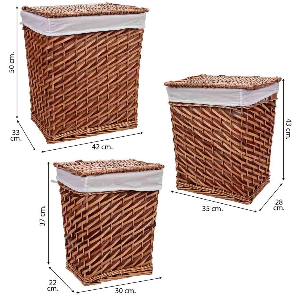 Set di 3 cestini in vimini marroni: L: 42x33x50 cm, M: 35x28x43 cm, S: 30x22x37 cm