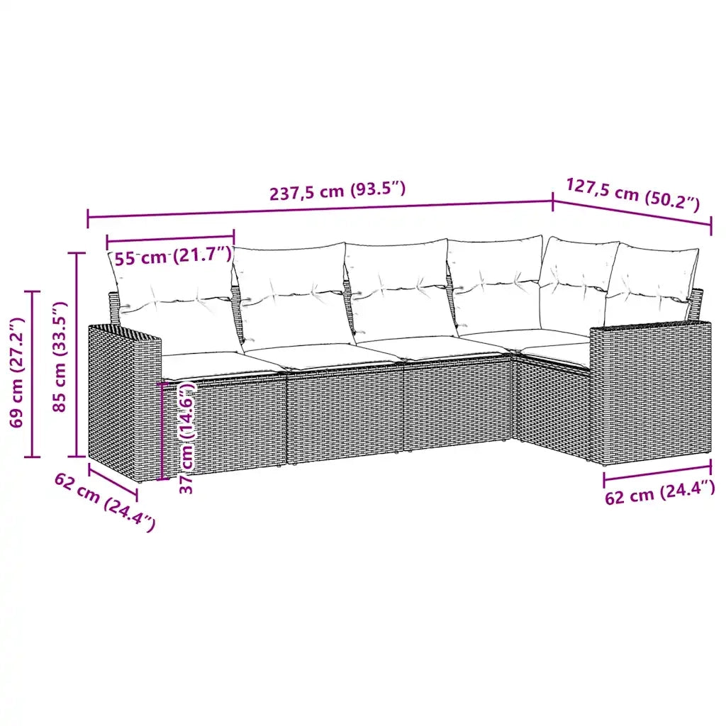 Set Divano da Giardino 5 pz con Cuscini-Sofa da Giardino-Divanetto da esterno Marrone in Polyrattan 394953