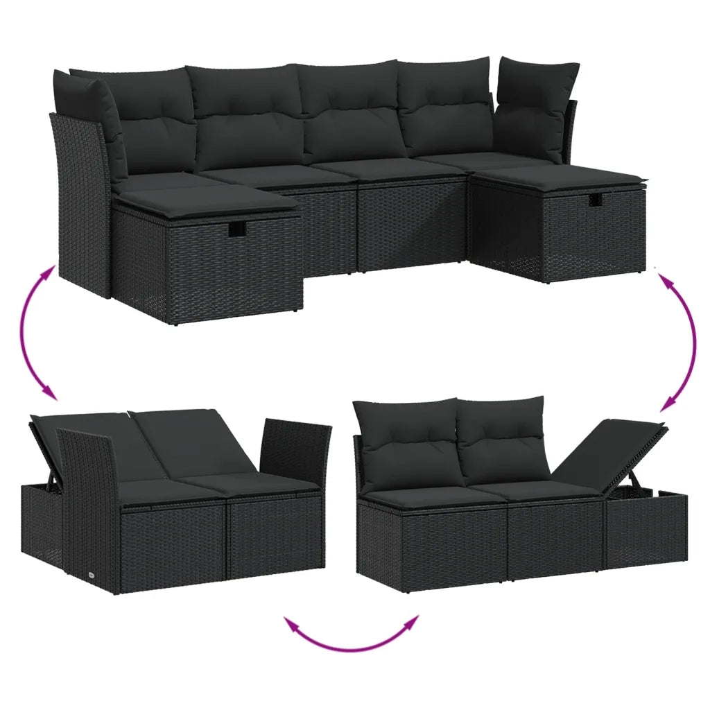 Set Divano da Giardino 6 pz con Cuscini Nero in Polyrattan