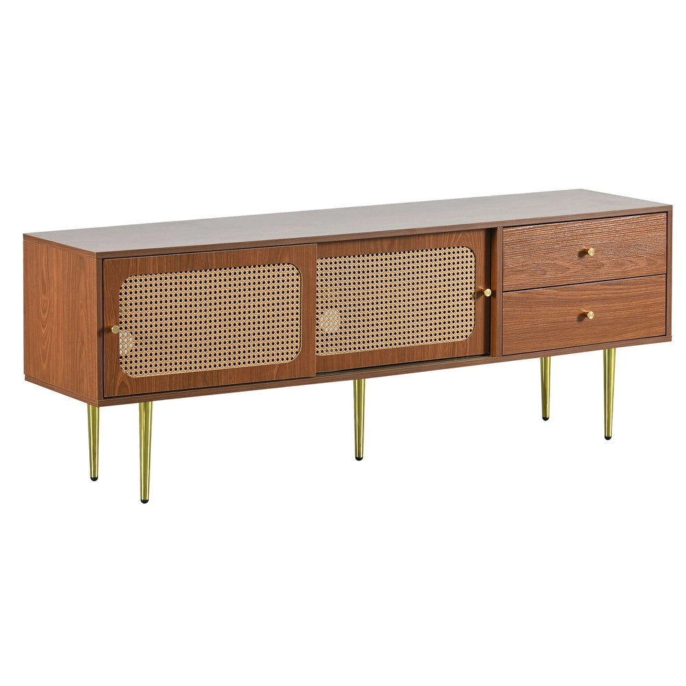 Mobile TV con Ante Scorrevoli in Rattan e Cassetti ¨C Xylo ¨C Noce, 160x40x60 cm