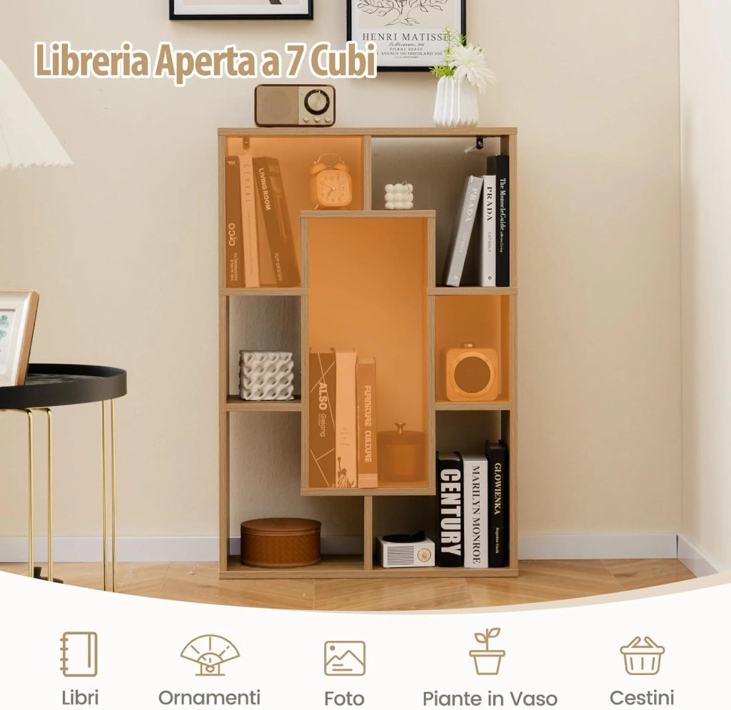 Libreria in Legno, Scaffale Aperto Geometrica a 7 Cubi, Scaffale da Esposizione con Dispositivo Anti-Ribaltamento, per Ufficio Soggiorno Camera da Letto, 60x20x90 cm (Naturale)